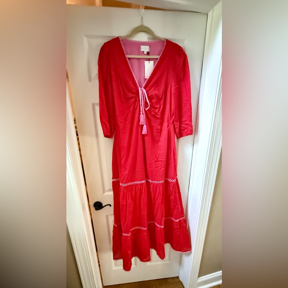 Sugarlips Cotton lined Red Maxi Dress with tie front 3/4 sleeves nwt